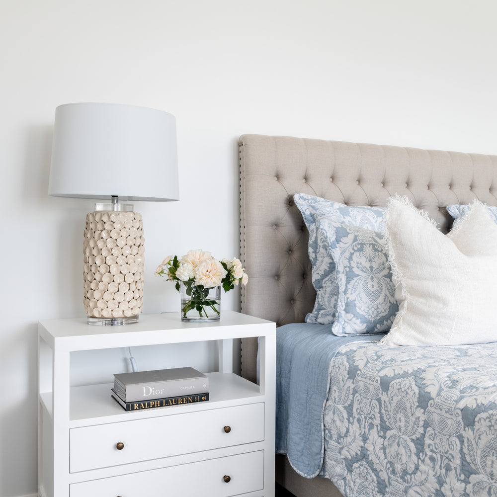 Hamptons large modern white bedside table with two drawers and open shelf