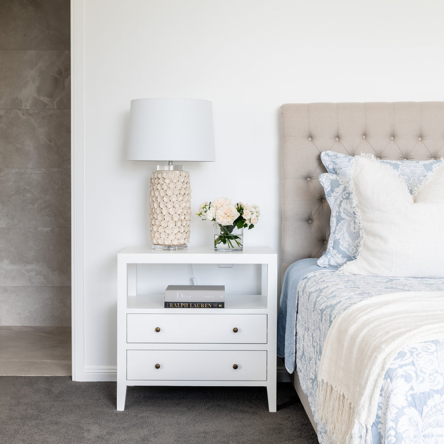 Hamptons large modern white bedside table with two drawers and open shelf