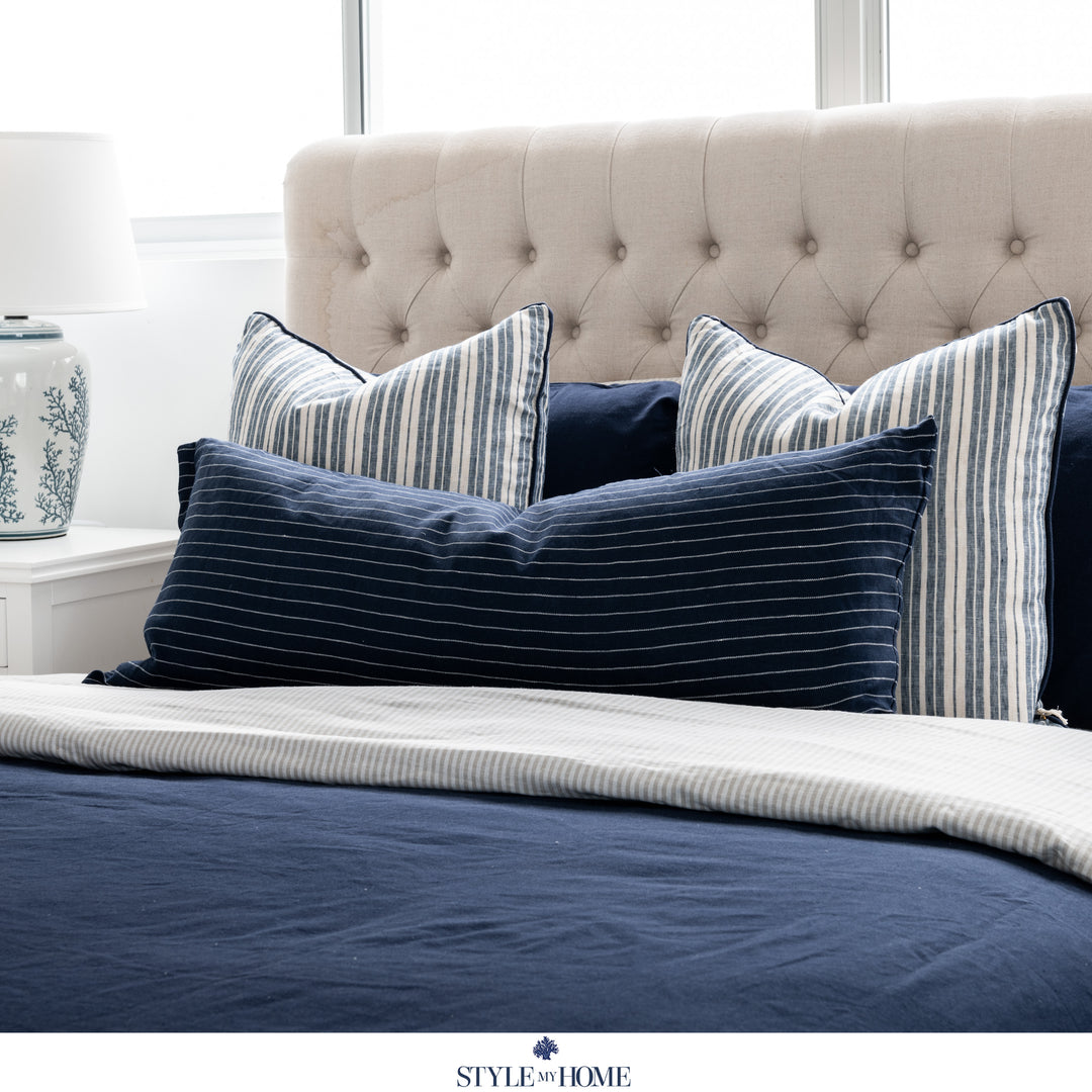 Threads 100percent Linen Square Cushion - Oatmeal With Blue Stripe