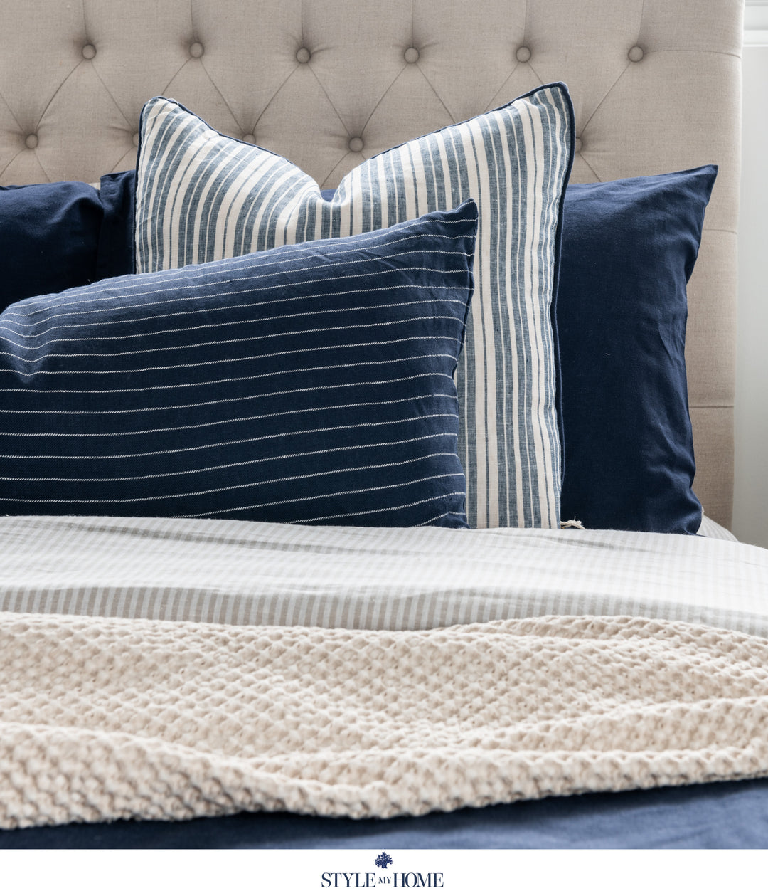 Threads 100percent Linen Square Cushion - Oatmeal With Blue Stripe