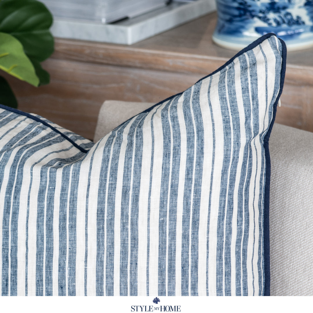 Threads 100percent Linen Square Cushion - Oatmeal With Blue Stripe