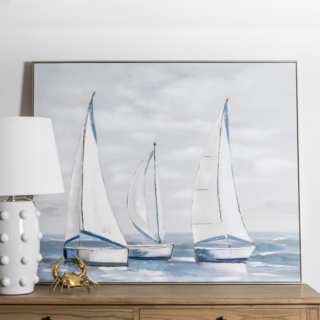 Hand-painted Hamptons seascape style canvas sailing boats