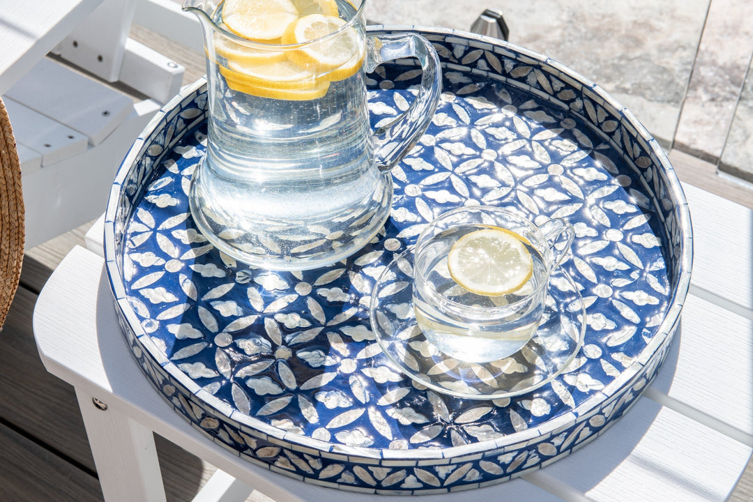 Floral Round Mother Of Pearl Tray- Blue