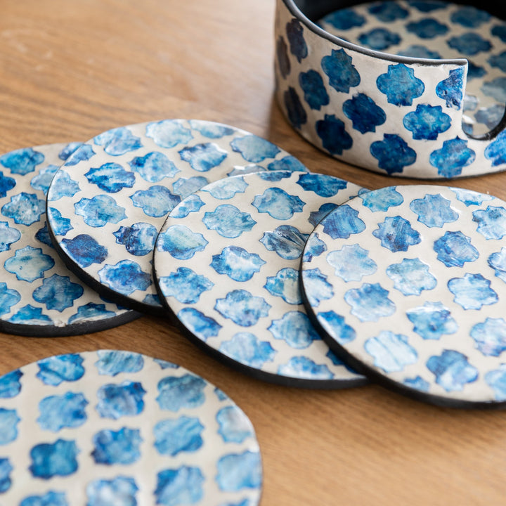 Quatrefoil Mother Of Pearl Coasters - Blue