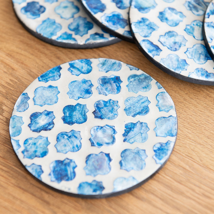 Quatrefoil Mother Of Pearl Coasters - Blue