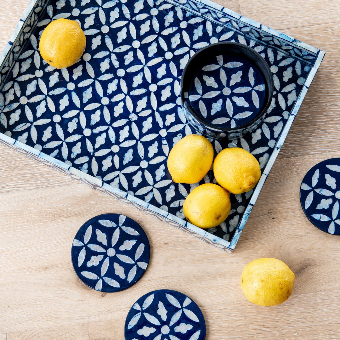 Floral Rectangular Mother Of Pearl Tray- Blue