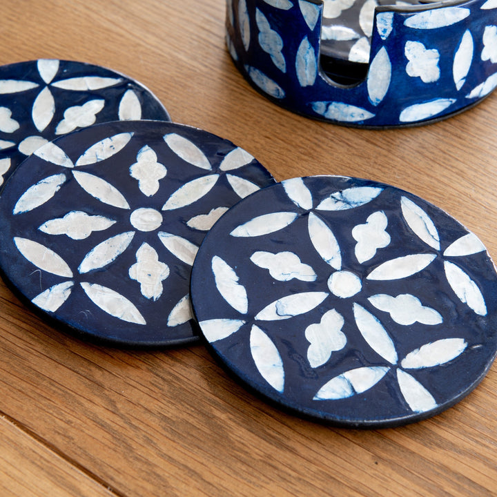 Floral Mother Of Pearl Coaster - Blue