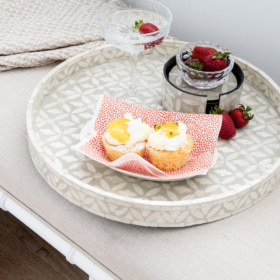 Floral Round Mother Of Pearl Tray- Grey