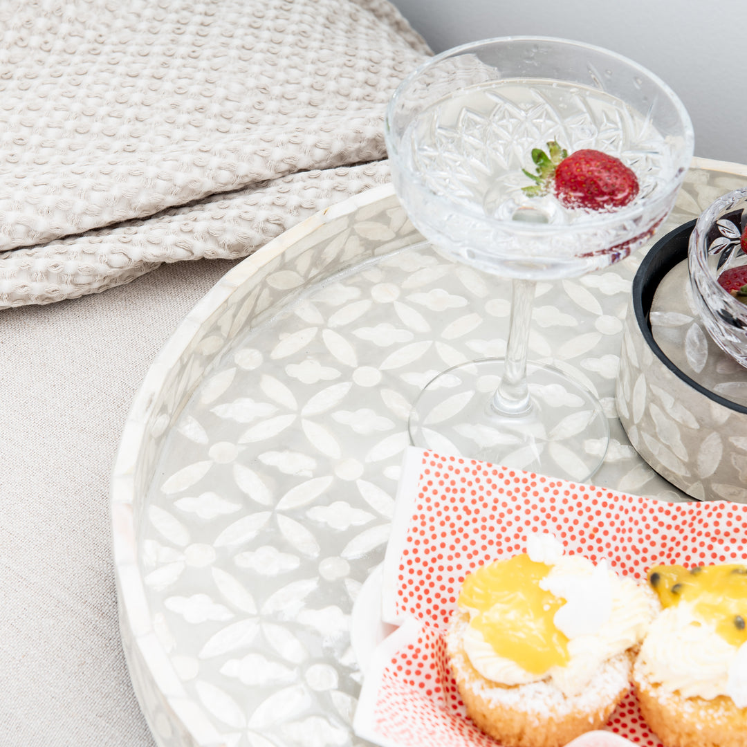 Floral Round Mother Of Pearl Tray- Grey