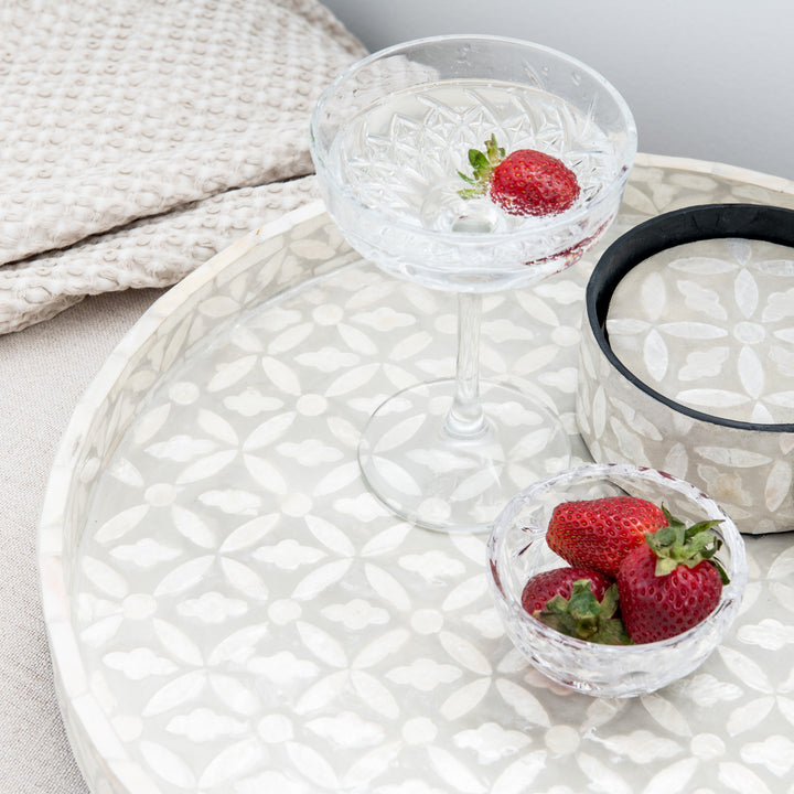 Floral Round Mother Of Pearl Tray- Grey