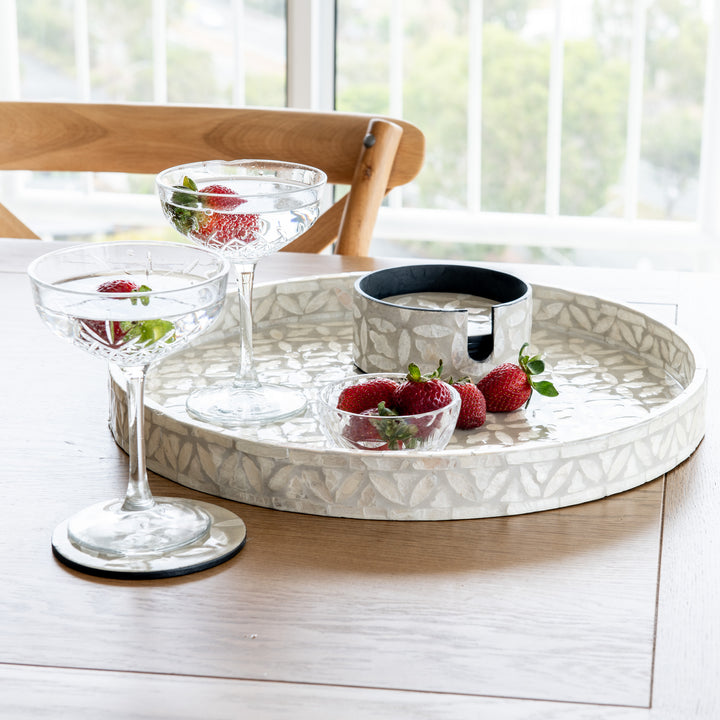 Floral Round Mother Of Pearl Tray- Grey