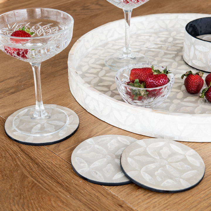 Floral Round Mother Of Pearl Tray- Grey