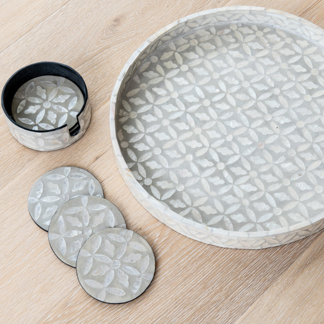 Floral Mother Of Pearl Coasters - Neutral/grey