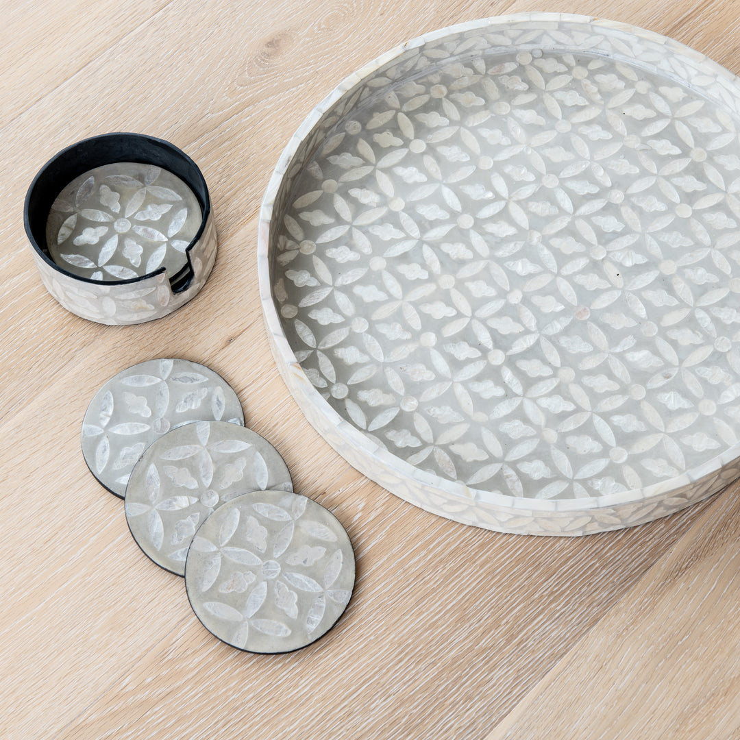 Floral Round Mother Of Pearl Tray- Grey