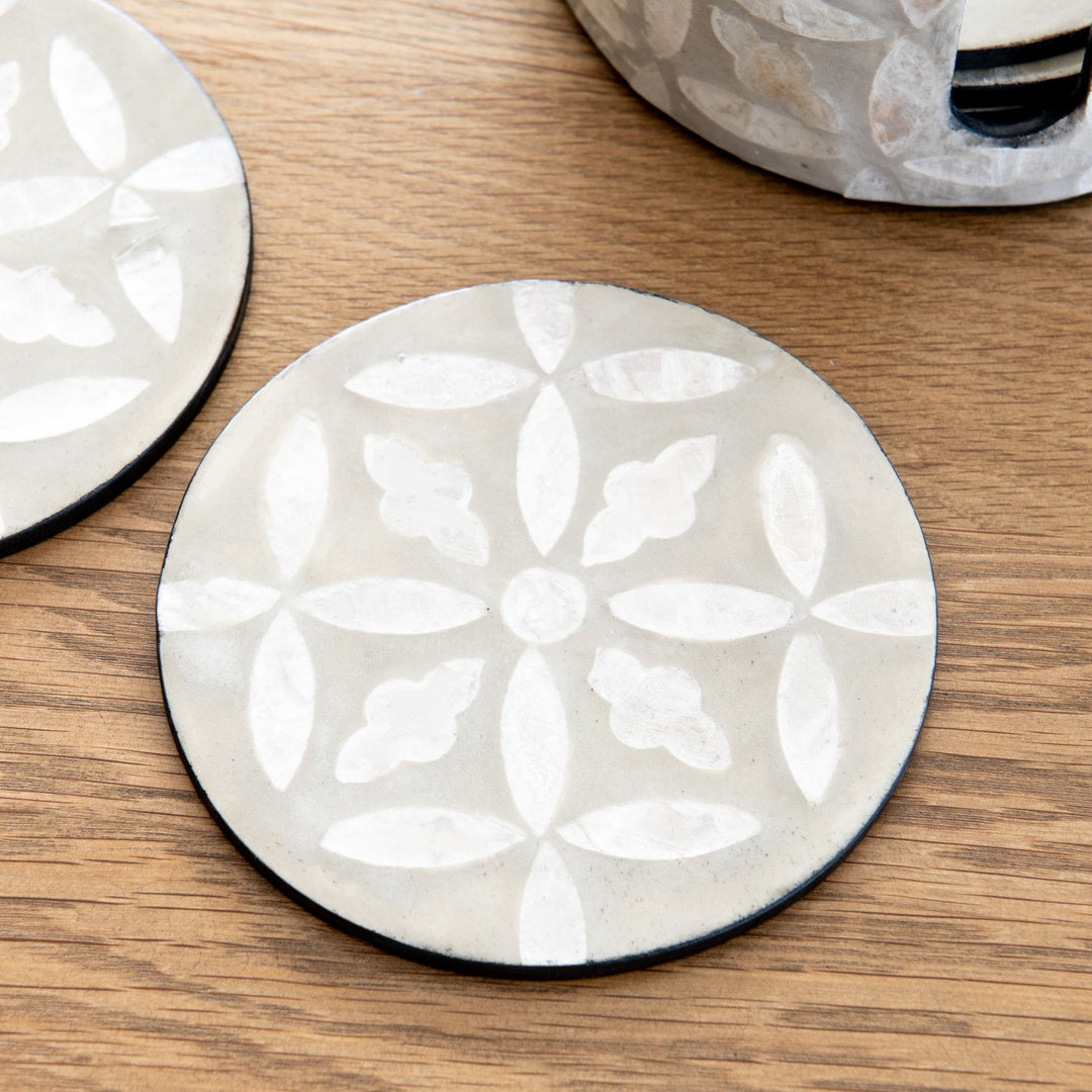 Floral Mother Of Pearl Coasters - Neutral/grey