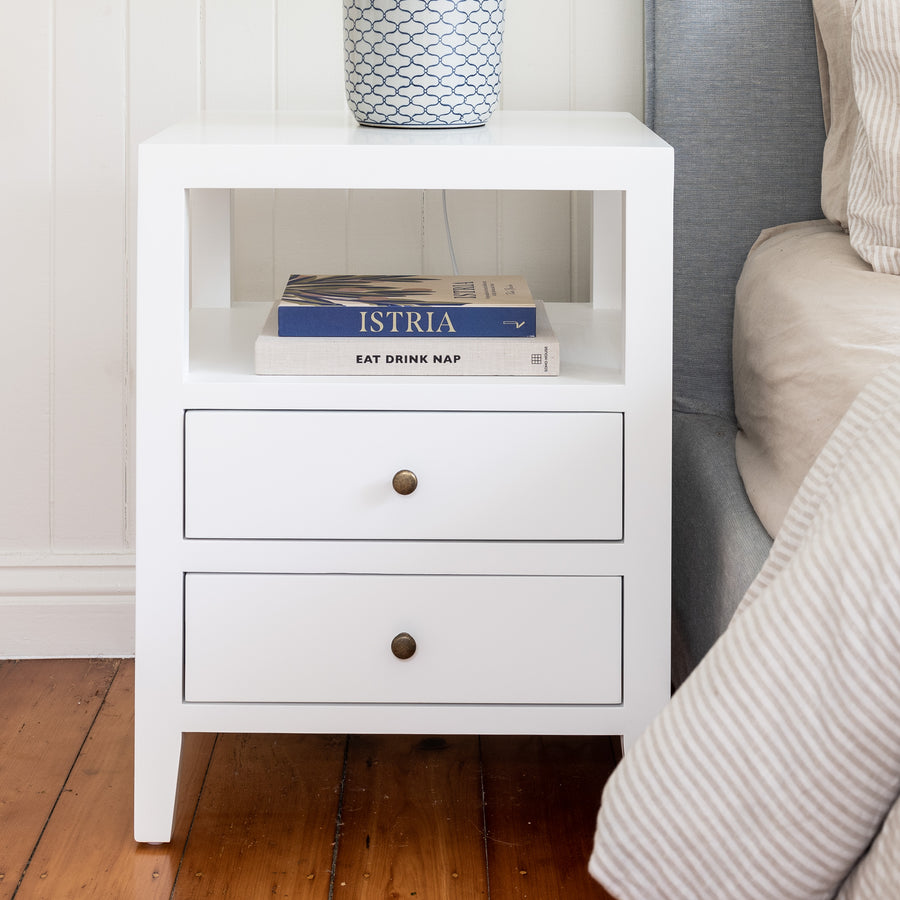 Hamptons small modern oak bedside table with two drawers and open shelf