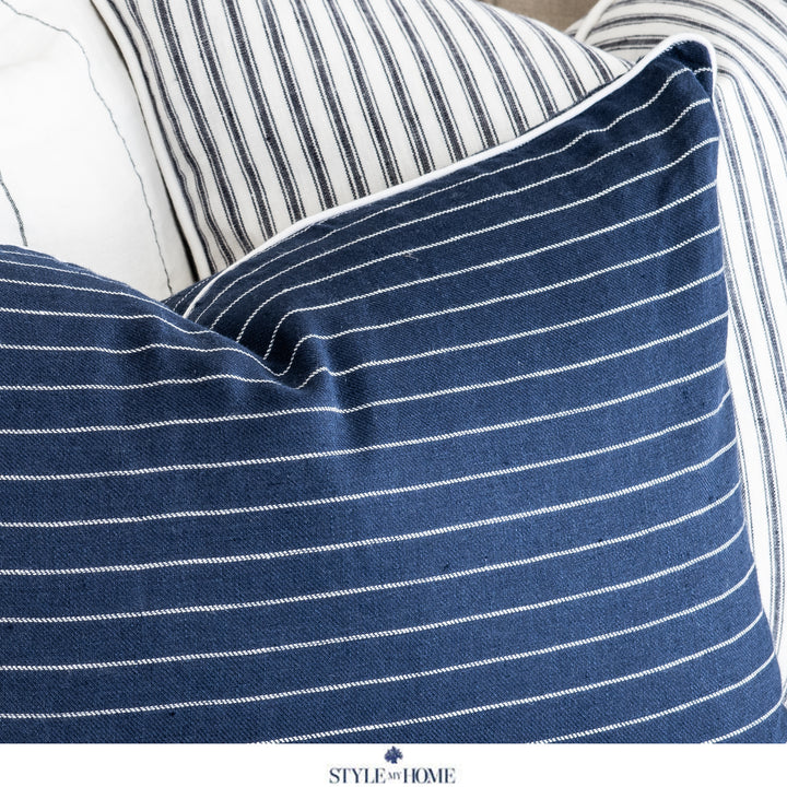 Threads 100percent Linen Square Cushion - Navy Thin White Stripe