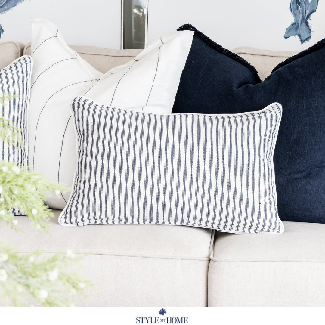 Threads 100percent Linen Lumbar Cushion - Dark Blue Stripe With White Piping