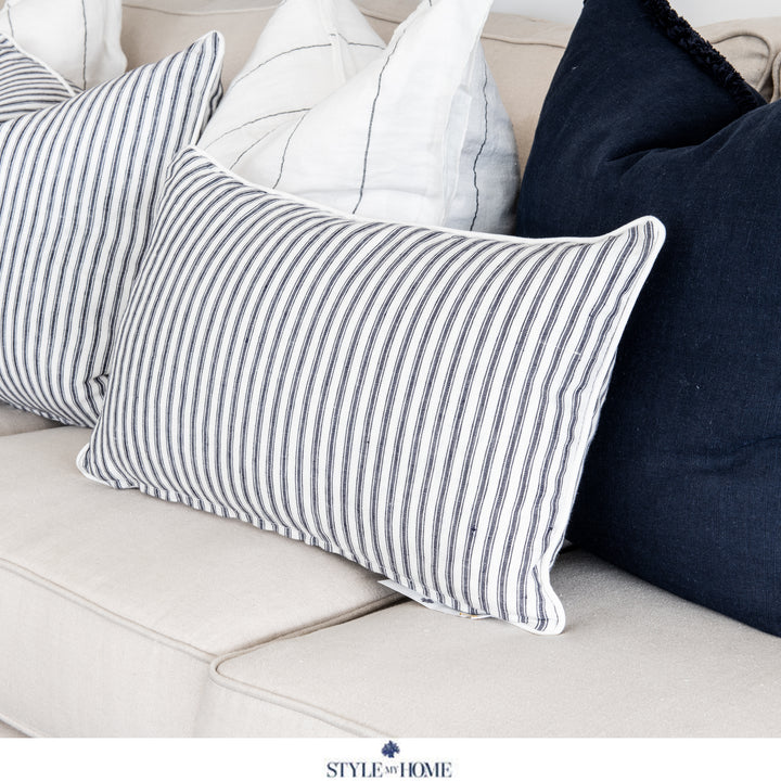 Threads 100percent Linen Lumbar Cushion - Dark Blue Stripe With White Piping