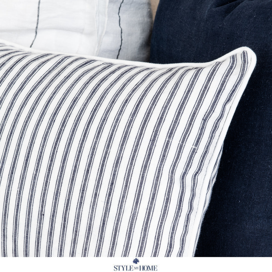 Threads 100percent Linen Lumbar Cushion - Dark Blue Stripe With White Piping