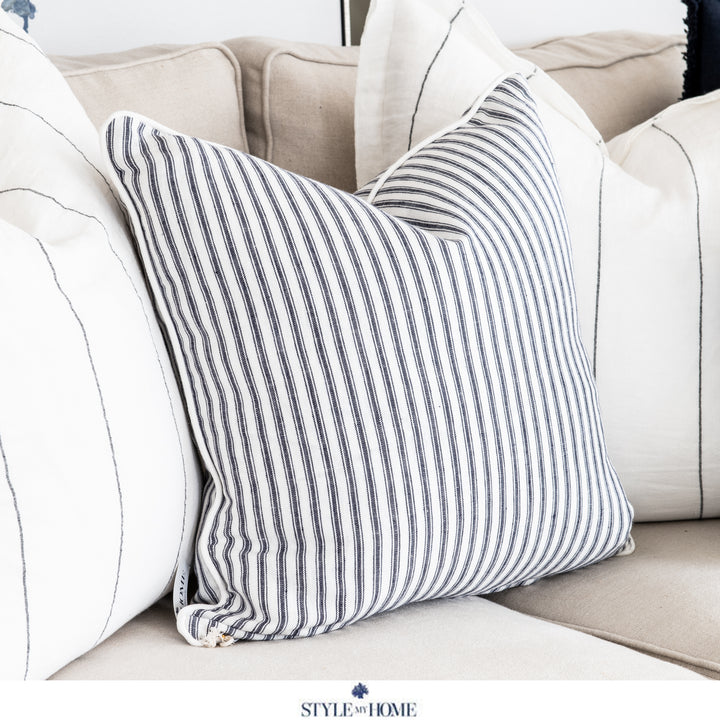 Threads 100percent Linen Square Cushion - Dark Blue Stripe With White Piping