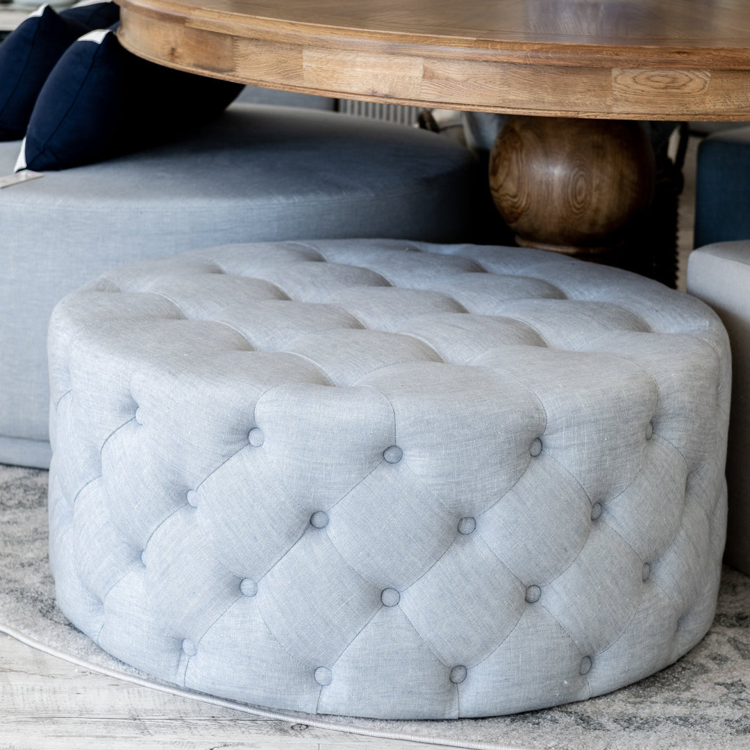 Elsa Tufted Linen Round Upholstered Ottoman