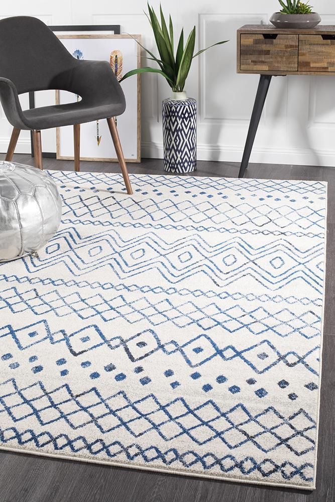 Oasis Nadia White Blue Rustic Tribal Rug