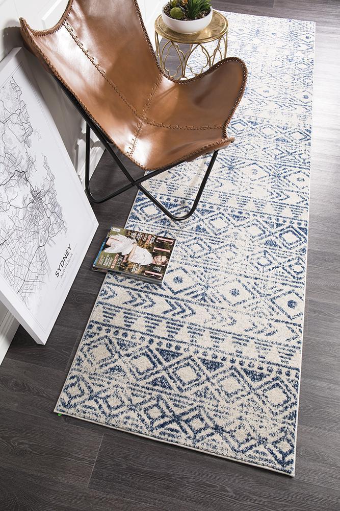 Oasis Ismail White Blue Rustic Runner Rug